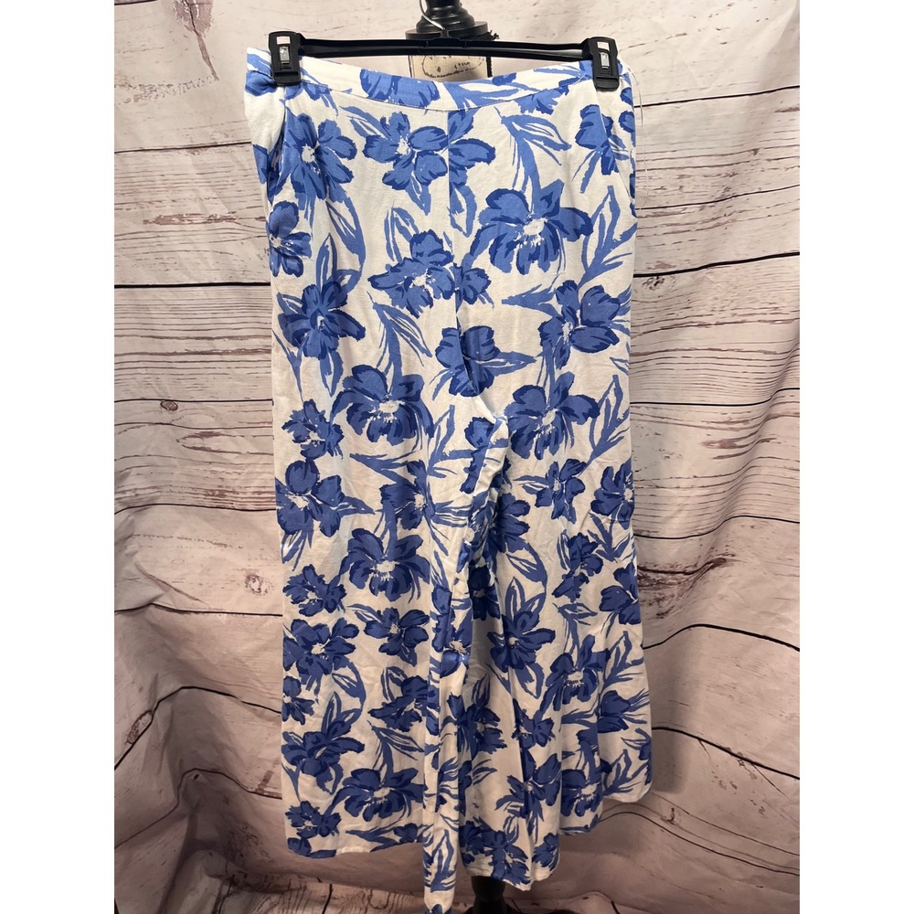 Midnight Sky Blue White Floral Linen Blend 2 Piece Crop Top Wide Leg Pant Set L